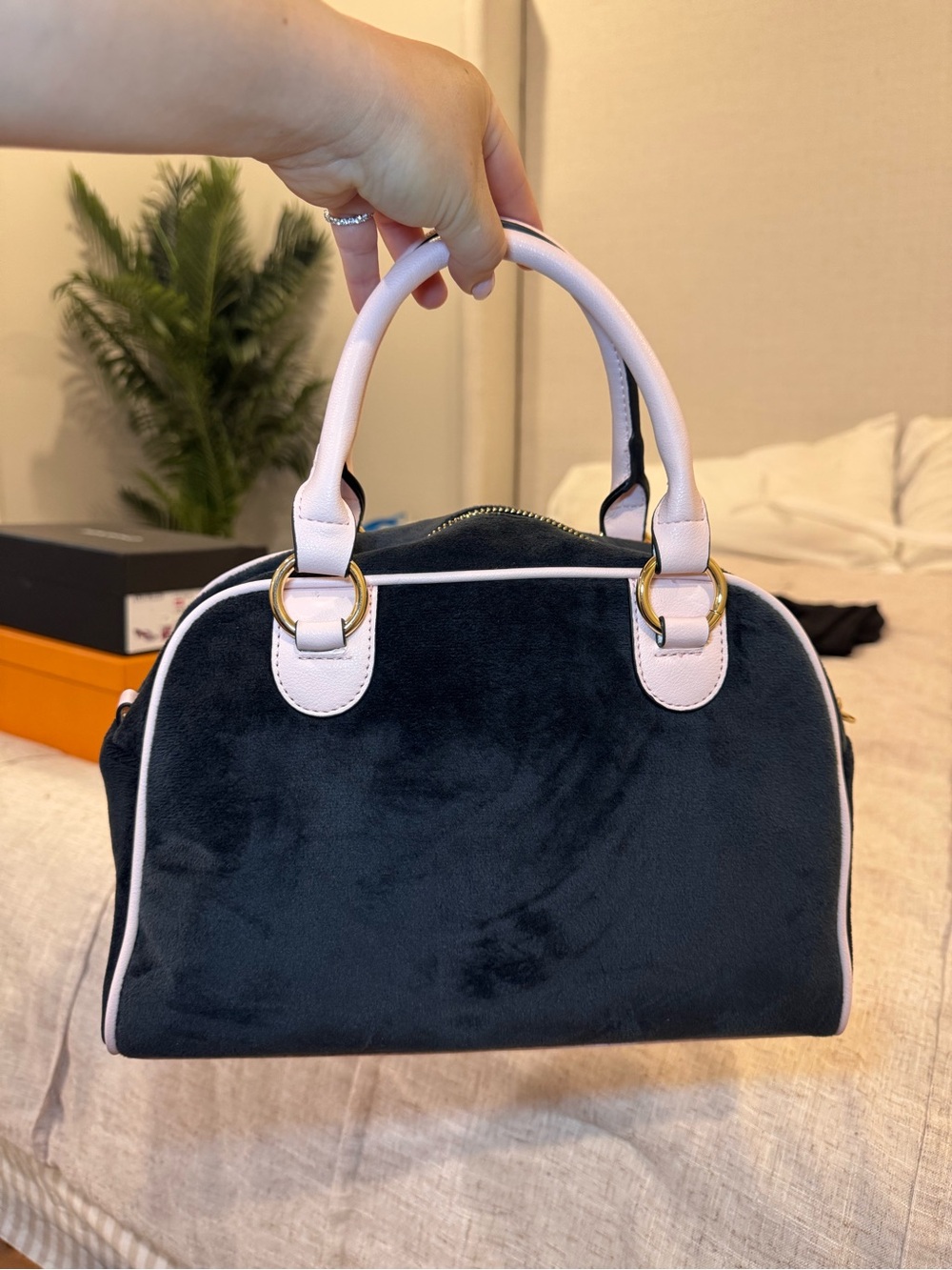 Juicy Couture Black Suede Satchel with Pink Trim - Picture 7 of 9
